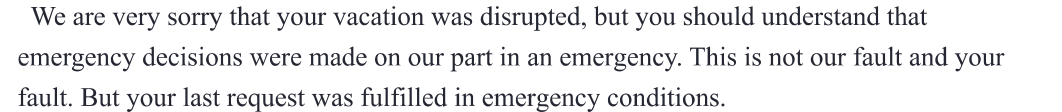 Disrupted holiday and a request described as fulfilled — E53